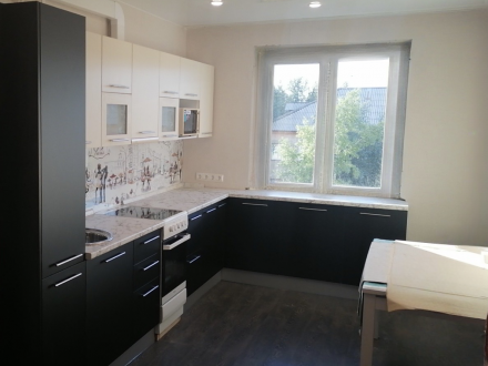 Угловая черно-белая кухня с дополнительной системой хранения под окном - фото - 7